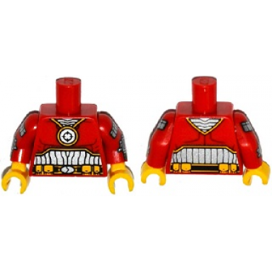 red torso batman muscles outline medallion and black silver belt with orange pouches pattern red arms with wrist guns pattern yellow hands