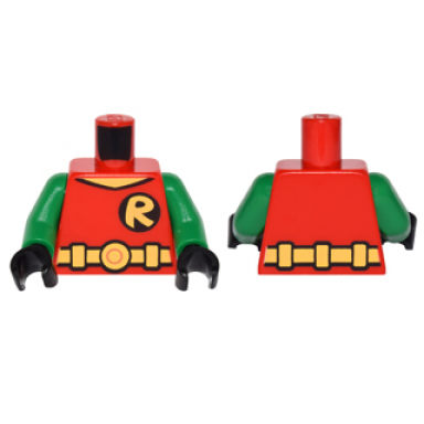 red torso batman r symbol v neck with yellow belt with round buckle pattern green arms black hands