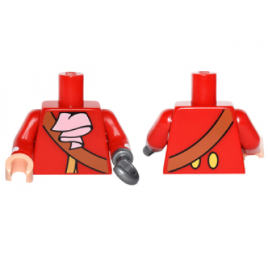 red torso pirate gold trim crossbelt white ascot pattern red arms with white stripe pattern light nougat hand right flat silver hook left