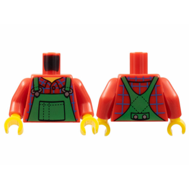 red torso overalls green blue windowpane check shirt wide neckline dotted seams on back pattern red arms yellow hands