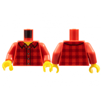 red torso plaid flannel shirt with collar and 5 buttons pattern red arms yellow hands