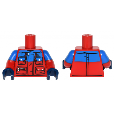 red torso winter jacket with blue panel 4 pockets with snaps and zipper pattern red arms with molded blue short sleeves pattern dark blue hands