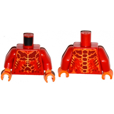 red torso nexo knights bare chest with dark red yellow and orange bones pattern red arms orange hands