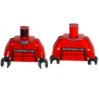 red torso racing suit with black collar and white porsche front and back pattern red arms black hands