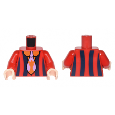 red torso jacket with dark blue vertical stripes over orange collared shirt and lavender and orange tie pattern red arms light nougat hands
