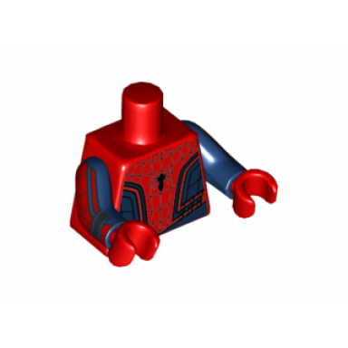 red torso spider-man costume 8 dark blue thin web small spider with thin abdomen pattern dark blue arms with black and red webbing pattern red hands