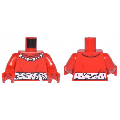 red torso shirt with round collar necklace with 4 beads and white tied belt with calendar numbers pattern red arms red hands