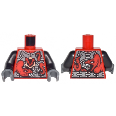 red torso ninjago metallic silver armor with 2 large red snakes with white fangs and clock pattern pearl dark gray arms dark bluish gray hands