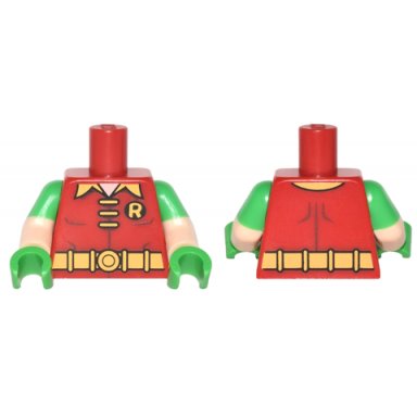 red torso batman r symbol 3 yellow clasps and collar and belt pattern light nougat arms with molded bright green short sleeves pattern bright green hands
