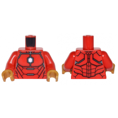 red torso armor with silver plates and blue and white hexagon arc reactor pattern red arms pearl gold hands