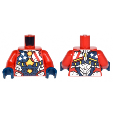 red torso armor with stars and stripes and silver plates and yellow circle arc reactor pattern red arms dark blue hands