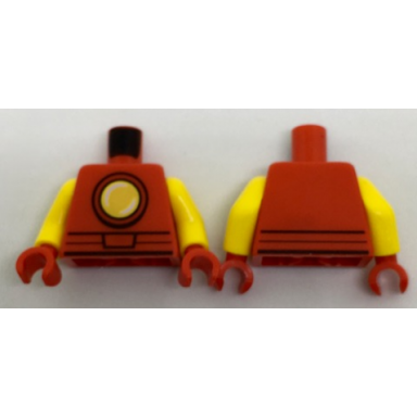 red torso black belt outline and yellow circle arc reactor pattern iron man yellow arms red hands