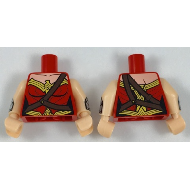 red torso female outline black collarbone and gold trim with diagonal belt pattern light nougat arms with silver gauntlet pattern light nougat hands