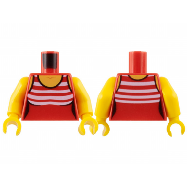 red torso female swimsuit with white horizontal stripes on chest yellow neck and shoulders pattern yellow arms yellow hands