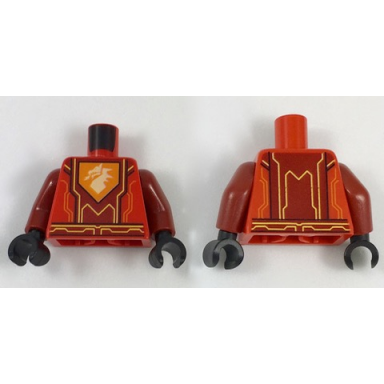 red torso nexo knights armor with orange yellow circuitry dark red center panel dragon head on pentagonal shield pattern dark red arms black hands