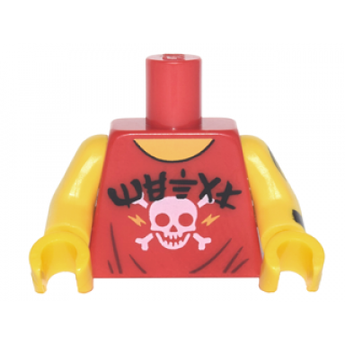 red torso sleeveless top with white skull black ninjago logogram metal pattern yellow arm left with dragon tattoo pattern yellow arm right yellow hands