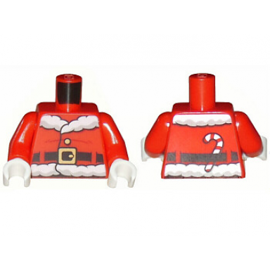 red torso santa jacket with white fur collar and waistband dark red creases black belt with gold buckle candy cane on back pattern red arms white hands
