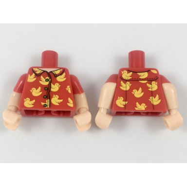 red torso shirt with light nougat neck 4 buttons bright light orange birds pattern light nougat arms with molded red short sleeves pattern light nougat hands