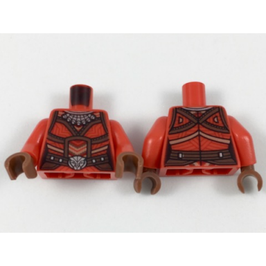 red torso female ornate tribal costume silver necklace and panther buckle gold and brown piping pattern red arms reddish brown hands