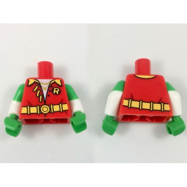 red torso shirt bright light orange collar and r and belt unlaced pattern white arms with molded bright green short sleeves pattern bright green hands
