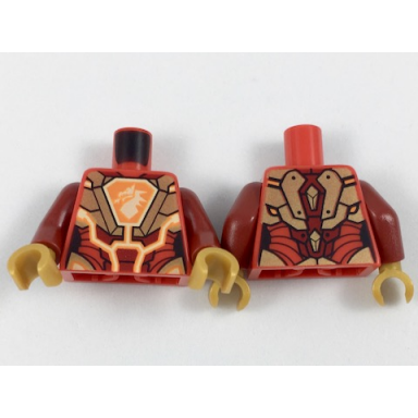 red torso nexo knights female armor orange and gold circuitry dragon head on orange hexagonal shield pattern dark red arms pearl gold hands