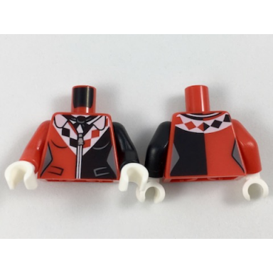 red torso batman female outline with black scarf and side panel white collar with diamonds pattern black arm left red arm right white hands