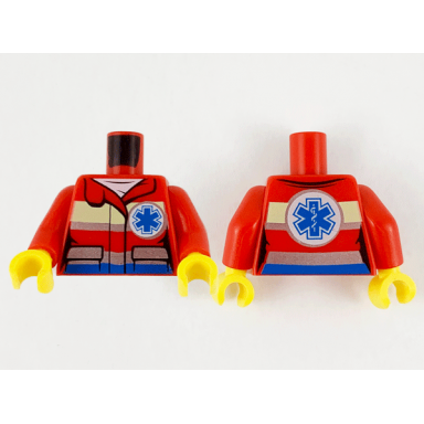 red torso female jacket over white shirt safety stripes small emt star and emt star of life on back pattern red arms yellow hands