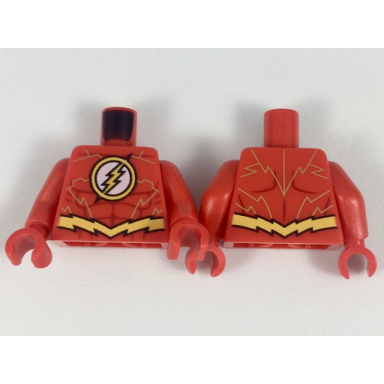 red torso super hero costume yellow lightning bolt in circle logo dark red muscles outline jagged belt gold lines pattern the flash red arms red hands