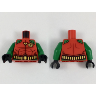 red torso body armor green shoulders yellow r logo and utility belt pattern green arms black hands