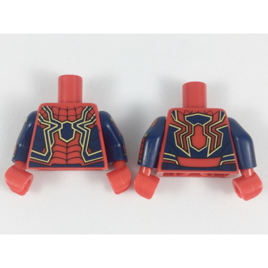 red torso spider-man dark blue and gold spider and trim black webs pattern dark blue arms with gold and red armor black webs pattern red hands