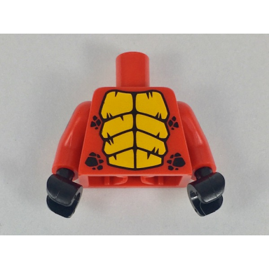 red torso with bright light orange large scales black small scales pattern red arms with black scales pattern black hands