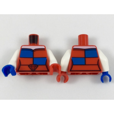 red torso strapless top with white neck red and blue checkboard panels ruby belt buckle pattern white arms red hand left blue hand right