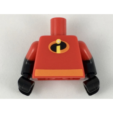 red torso orange belt and incredibles symbol pattern dash parr black arms with molded red short sleeves pattern black hands