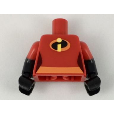 red torso female orange belt and incredibles symbol pattern violet parr black arms with molded red short sleeves pattern black hands