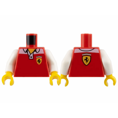red torso speed champions polo shirt with ferrari logo on front and back pattern white arms yellow hands