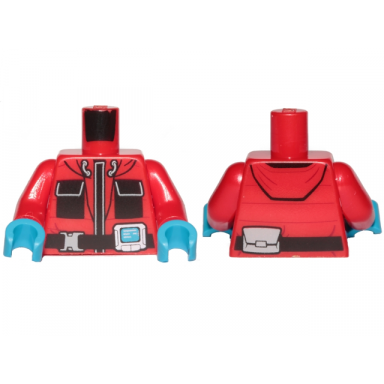 red torso jacket with monitor device and black pockets pattern red arms dark azure hands
