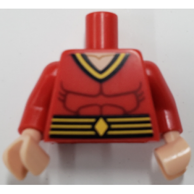 red torso super hero costume with black and yellow collar and belt with stripes and diamond dark red muscles outline light nougat neck pattern red arms light nougat hands