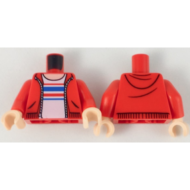 red torso hoodie with zipper light nougat neck white shirt with red and blue stripes pattern red arms light nougat hands