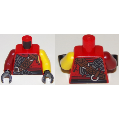 red torso ninjago armor chain mail with reddish brown wide belt and black sash pattern yellow arm left dark red arm right black hands