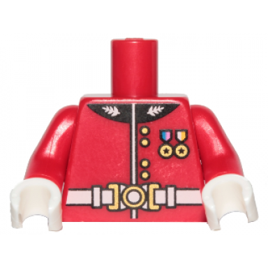 red torso royal guard uniform with gold buttons and black collar white belt with buckle medals pattern red arms white hands