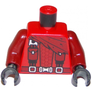 red torso ninjago cape suspenders pouches belt buckle dragon logo on back pattern dark red arms black hands