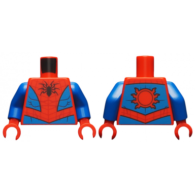 red torso spider-man costume 10 black spider dark red webbing blue vest and belt pattern blue arms red hands