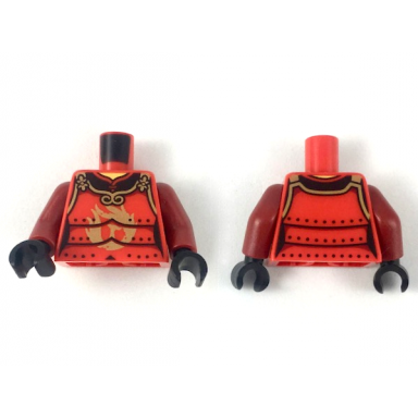 red torso ninjago female samurai armor in 3 sections with gold clasps trim and phoenix logo pattern dark red arms black hands