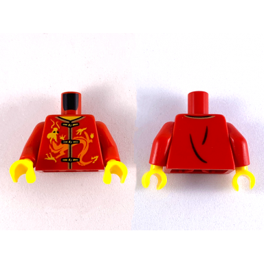 red torso robe with orange and yellow dragon gold trim and 3 clasps pattern red arms yellow hands