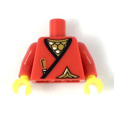 red torso castle ninja wrap with black hem over gold scale mail brown dagger handle shuriken throwing star white highlights pattern red arms yellow hands