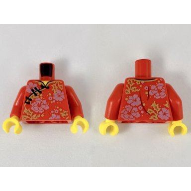 red torso qipao with gold hem and leaves black clasps metallic pink flowers pattern red arms yellow hands