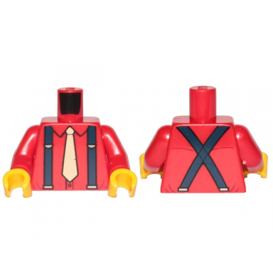 red torso shirt with tan tie and dark blue suspenders pattern red arms yellow hands