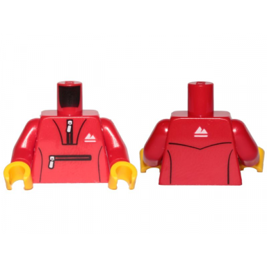 red torso tracksuit with white zippers and mountain logo pattern red arms yellow hands