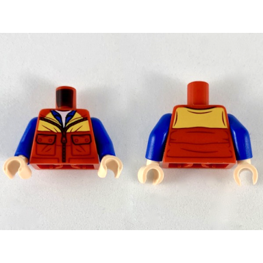 red torso jacket with bright light orange shoulders light nougat neck and blue shirt pattern blue arms light nougat hands