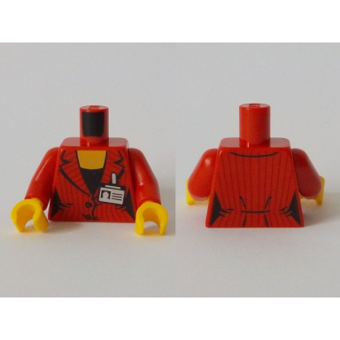 red torso female suit jacket with pinstripes and buttons gold necklace black shirt and id badge pattern red arms yellow hands